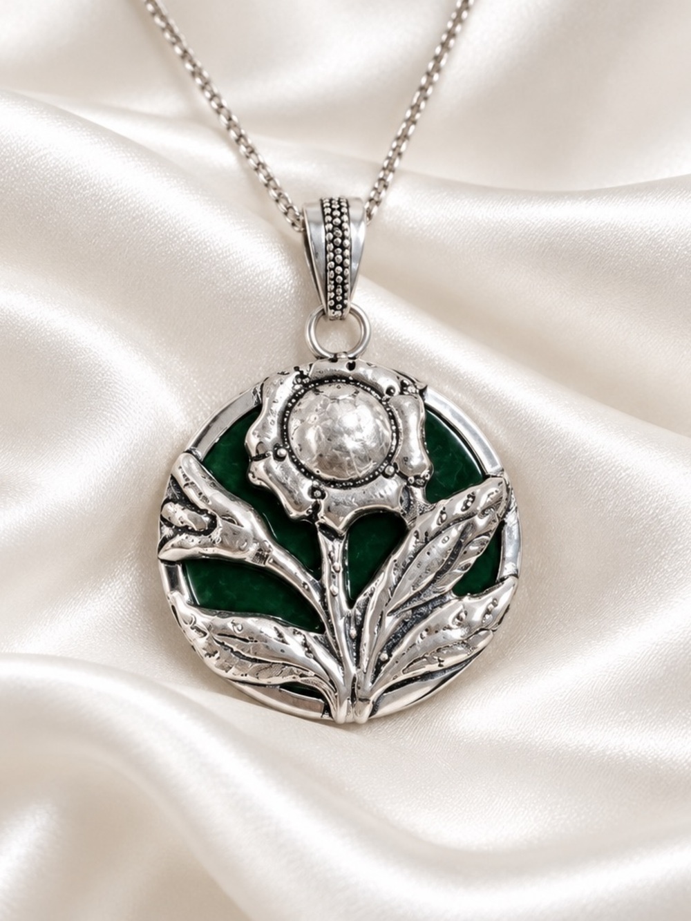 Sterling Silver Green Onyx reversible Pendant floral necklace 1.5 inches